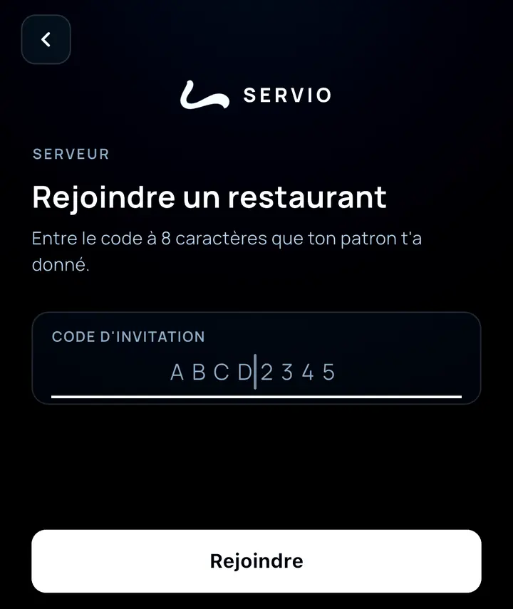 SERVIO — rejoindre le restaurant avec un code